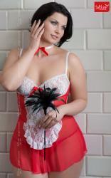 Chemise, perizoma e collarino Fifi Plus Size rosso/bianco