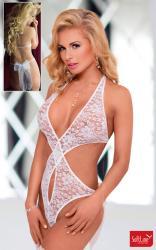 Softline - Body in pizzo con incrocio. Bianco