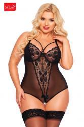 Body in tulle e pizzo con stringhe incrociate. Nero. Plus size.