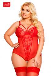 Body AMANDA in tulle e pizzo con stringhe incrociate. Rosso. Plus siz