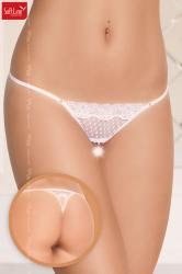 Softline - Tanga aperto in pizzo con fiocchetti e perline. Bianco