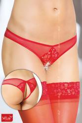 Softline - Slip brasiliano in pizzo e tulle con borchiette. Rosso