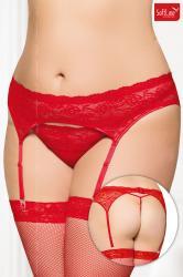 Softline - Reggicalze e perizoma in pizzo e tulle. Rosso XL