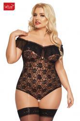 Body KAMILA in pizzo con volant in tulle. Nero. Plus size