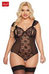 Body DORA in tulle e pizzo con coppe e cavallo aperti. Nero