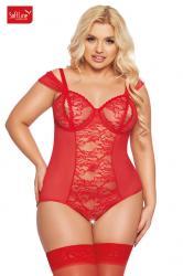 Body DORA in tulle e pizzo con coppe e cavallo aperti. Rosso