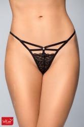Tanga nero in pizzo con stringhe ed anello.