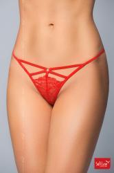 Tanga rosso in pizzo con stringhe ed anello.