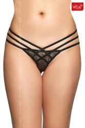 Tanga nero in pizzo con tre fianchetti incrociati.