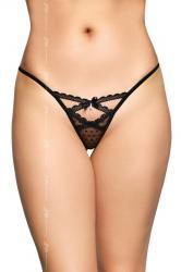Tanga nero in pizzo a pois con fiocchi e pendenti.