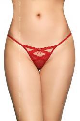 Tanga rosso in pizzo a pois con fiocchi e pendenti.