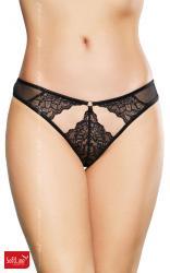 Tanga nero in pizzo e tulle con aperture.