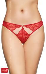 Tanga rosso in pizzo e tulle con aperture.