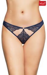Tanga blu in pizzo e tulle con aperture.