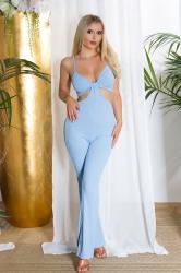 Tuta schiena scoperta con ritagli ai fianchi. Colore azzurro.