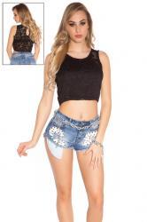 Top corto in pizzo floreale. Nero.