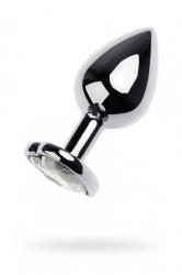 Plug in metallo argentato con gemma trasparente.