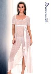 Long sheer dot nightgown with ruffled neckline.