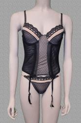 Guepiere beige-nera in tulle e pizzo + tanga.