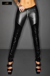 Pantaloni misto tessuto lucido e vinile con zip.