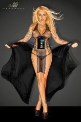 Abito lungo in tulle e pvc con stringature.