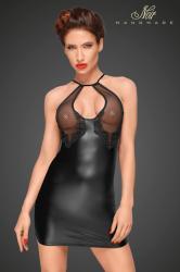Mini abito nero con coppe in tulle e ricami in pizzo.