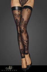 Calze in tulle con ricami floreali floccati e fascia in Powerwetlook.