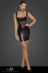 Abito corto in tessuto Powerwetlook con inserto in tulle davanti.
