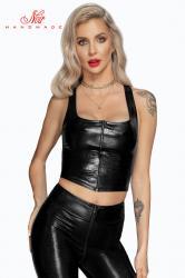 Top wetlook con trama serpente e cerniera frontale.