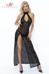Abito lungo floccato leopardato con spacco frontale.