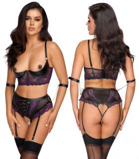 Set intimo 2 pezzi in pizzo viola con polsini.