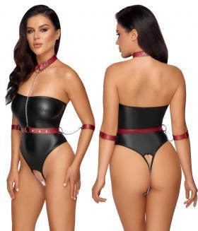 Body in tessuto nero opaco con imbracatura rossa.