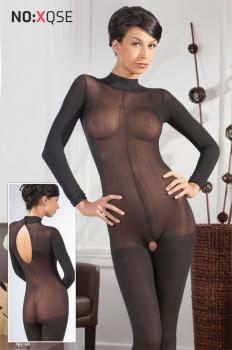 Catsuit nera a maniche lunghe con colletto.