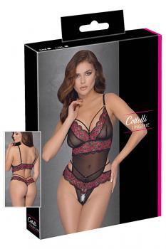 Body in tulle con ricami rossi in pizzo.