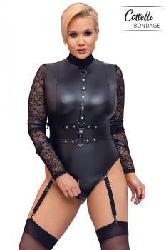 Body bondage in tessuto nero opaco con maniche in pizzo.