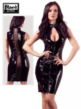 Abito in vinile con zip e stringatura posteriore.