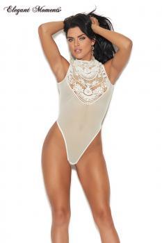 Body bianco in microrete con ricami nella parte frontale.
