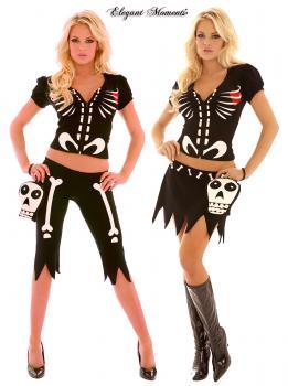 Costume scheletro 4 pezzi. Include gonna e pinocchietti.