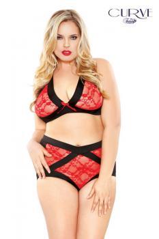 Completo 2 pezzi in pizzo rosso con fasce nere.