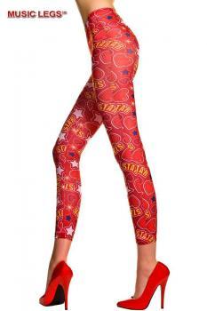 Music Legs: leggings rossi con fantasia e scritte.