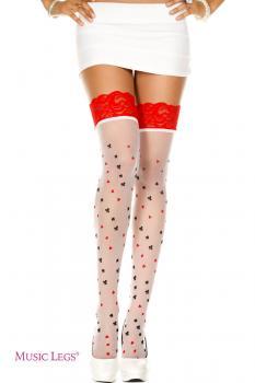 Music Legs: calze bianche con simboli carte e balza rossa.