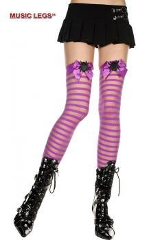 Music Legs: calze viola a righe con fiocco e disegno ragno.