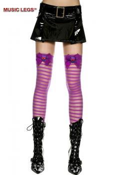 Music Legs: calze a righe viola con fiocco e teschio.