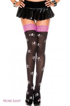 Music Legs: calze con teschi e balza in pizzo viola.