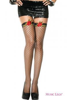 Music Legs: calze a rete con rosa sulla balza.
