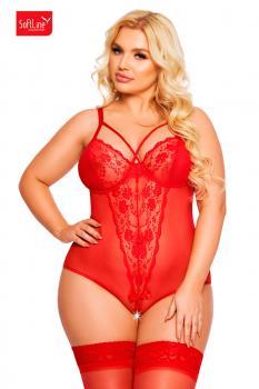 Body AMANDA in tulle e pizzo con stringhe incrociate. Rosso. Plus siz