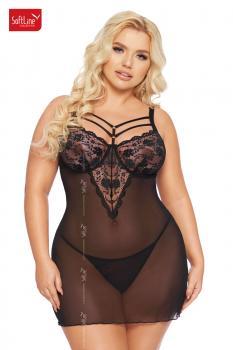 Chemise ALDONA in tulle e pizzo. Nero. Plus size