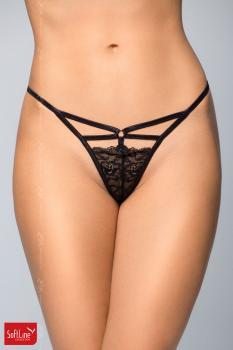 Tanga nero in pizzo con stringhe ed anello.