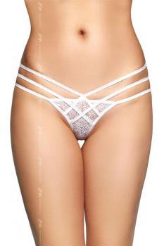 Tanga bianco in pizzo con tre fianchetti incrociati.