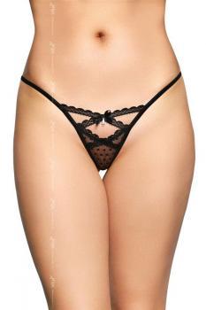 Tanga nero in pizzo a pois con fiocchi e pendenti.